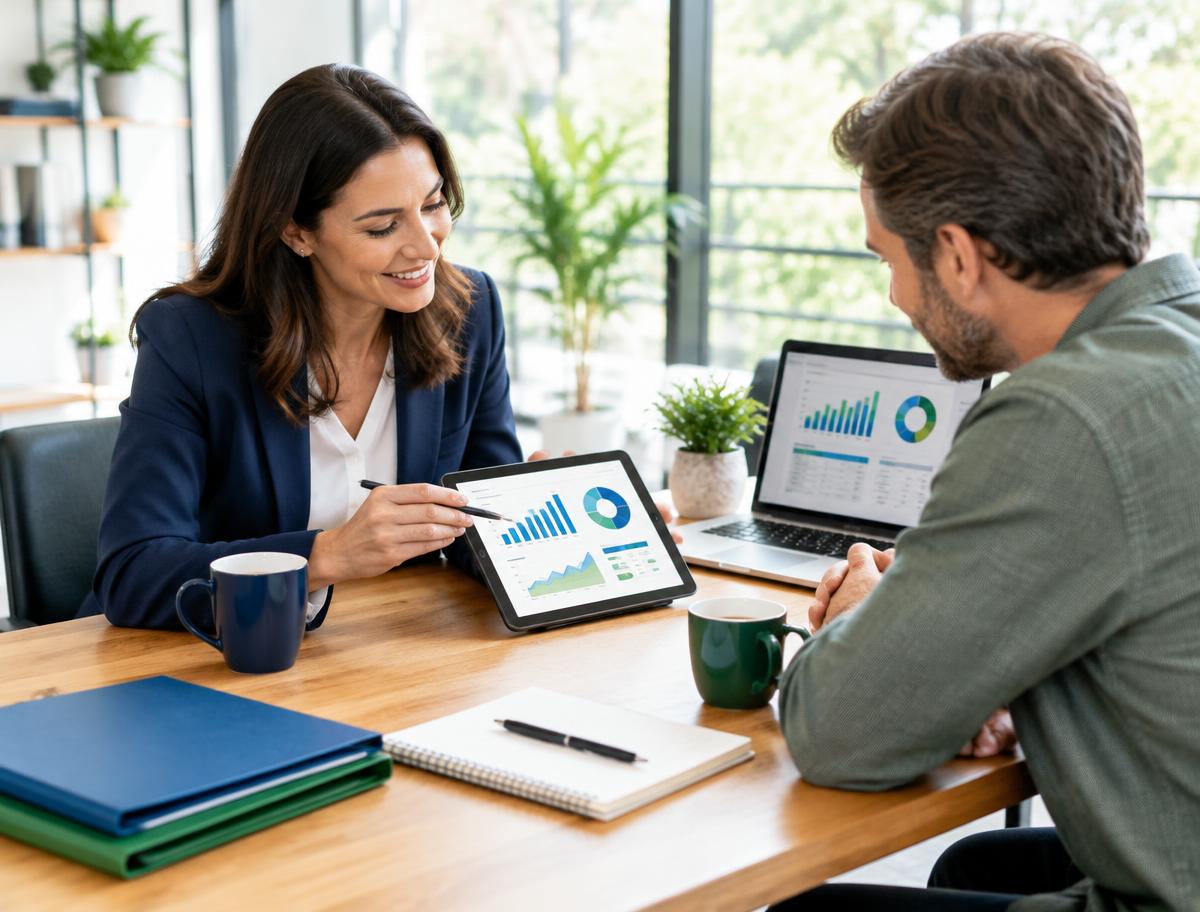 An advisor walking a business owner through financial charts on a tablet